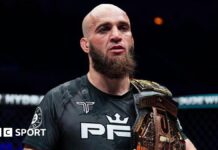 Movlid Khaybulaev stripped of PFL title after failed drugs test Movlid Khaybulaev holds the PFL featherweight title over his shoulder