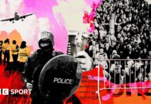 Champions League draw: How safe are fans at Uefa European fixtures? An illustration showing riot police officers, stewards, and fans outside football matches