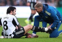 Fifa wants injured players to stay off for one minute Newcastle midfielder Sandro Tonali gets treatment for an injury during the Premier League game against Aston Villa