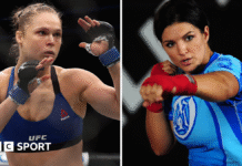 MMA: Ronda Rousey to come out of retirement to fight Gina Carano Split image of Ronda Rousey in action during a UFC fight and Gina Carano training