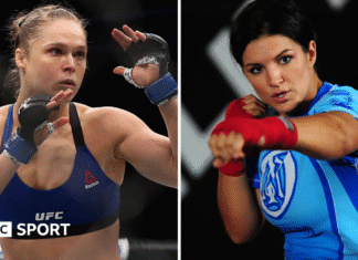 MMA: Ronda Rousey to come out of retirement to fight Gina Carano Split image of Ronda Rousey in action during a UFC fight and Gina Carano training
