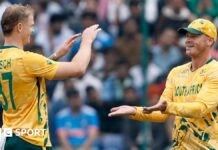 T20 World Cup: South Africa beat UAE in final group game Corbin Bosch of South Africa celebrates taking the wicket of Sohaib Khan of the United Arab Emirates