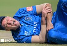 T20 World Cup: Wayne Madsen dislocates shoulder in Italy’s debut Wayne Madsen winces in pain