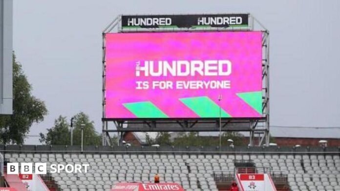 A screen at a match during The Hundred reads 'The Hundred is for everyone'