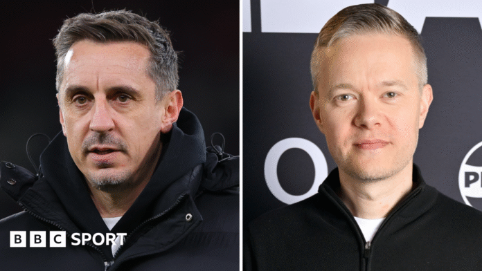 Split picture graphic of Gary Neville and Mark Goldbridge