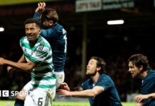 Hearts head coach Derek McInnes rages at ‘disgusting’ Celtic penalty Referee John Beaton is surrounded by Celtic players