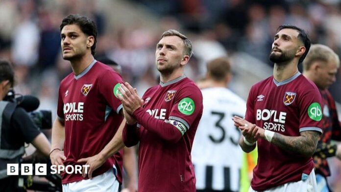 West Ham skipper Jarrod Bowen (centre) after the 3-1 defeat at Newcastle