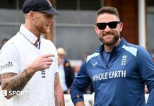 Brendon McCullum worried about Ben Stokes but gives not backing on England captaincy Ben Stokes and Brendon McCullum on England duty, with Stokes in white kit and McCullum, who is wearing sunglasses, in blue training outfit