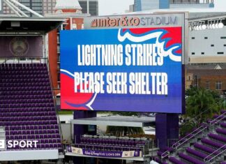 World Cup 2026: Was weather delay to England v Costa Rica sign of things to come? Big screen saying 'lightning strikes please seek shelter'