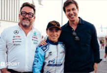 Mercedes driver scout involved in discovering Kimi Antonelli to join Red Bull Mercedes driver scout Gwen Lagrue pictured with team boss Toto Wolff and Mercedes junior driver James Anagnostiadis