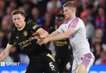 Crystal Palace v Manchester City: How the players rated England midfielders Elliot Anderson and Andy Wharton contest possession in the Premier League game between Manchester City and Crystal Palace at Selhurst Park.
